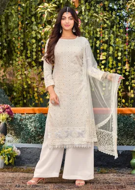 Stunning White Georgette Embroidered Wedding Festive Salwar Suit