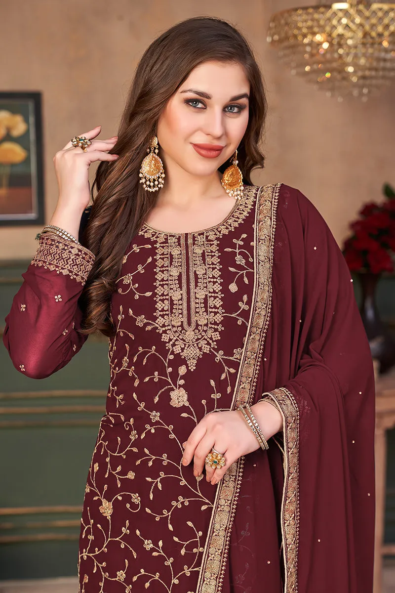 Stylish Maroon Straight Cut Festive Embroidered Palazzo Suit