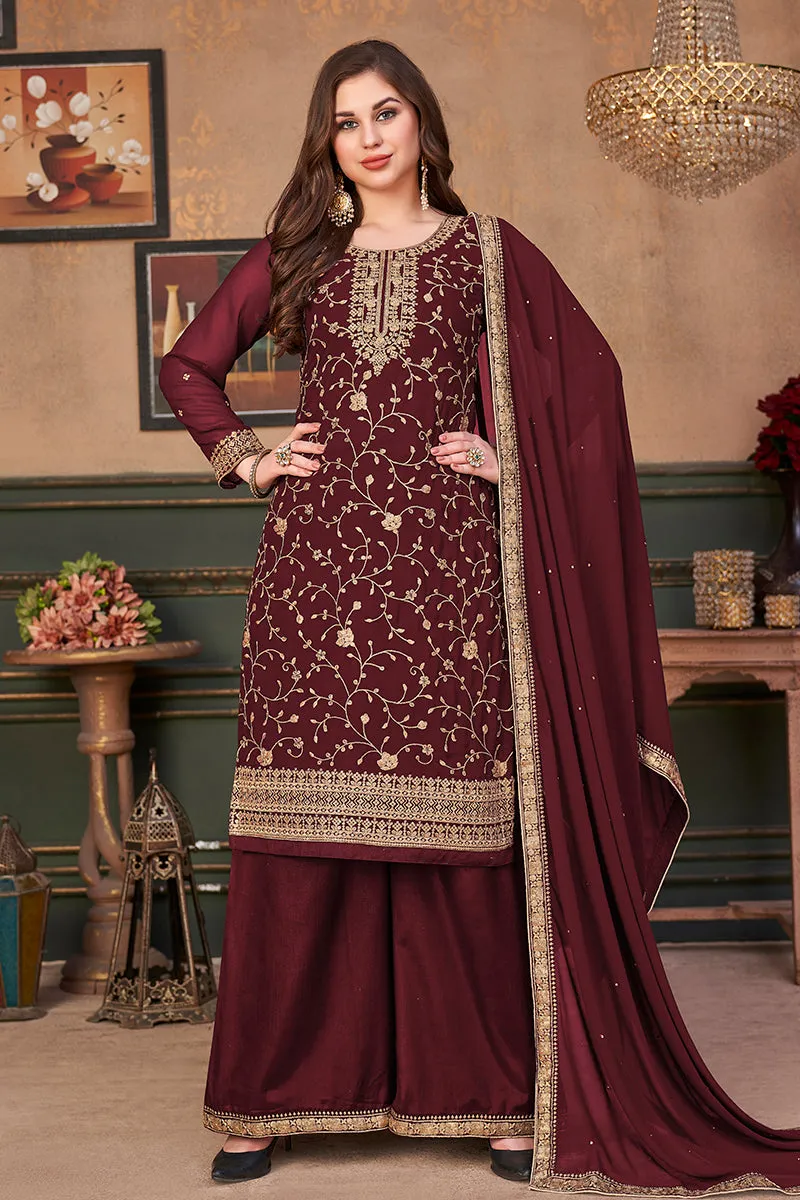 Stylish Maroon Straight Cut Festive Embroidered Palazzo Suit