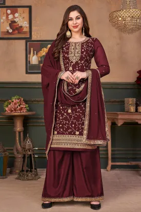 Stylish Maroon Straight Cut Festive Embroidered Palazzo Suit