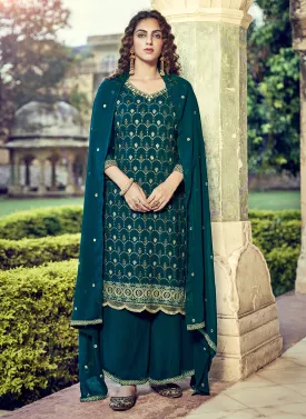 Teal Green Swarovski Embroidered Georgette Palazzo Suit