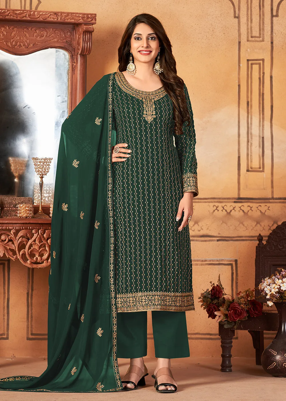 Traditional Beguiling Green Embroidered Festival Salwar Suit