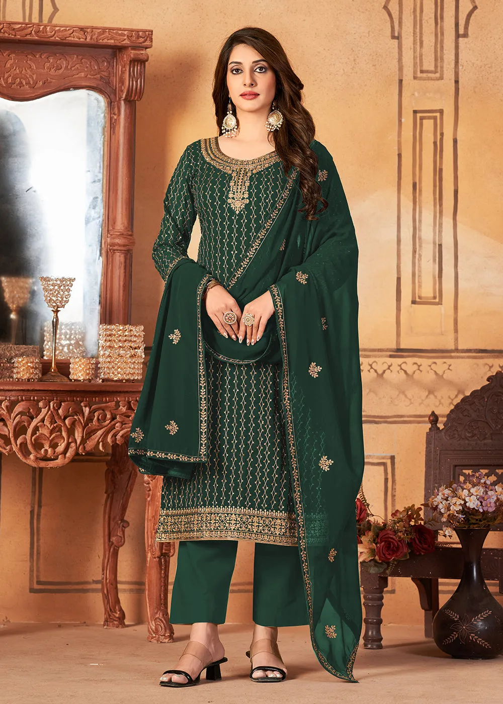 Traditional Beguiling Green Embroidered Festival Salwar Suit