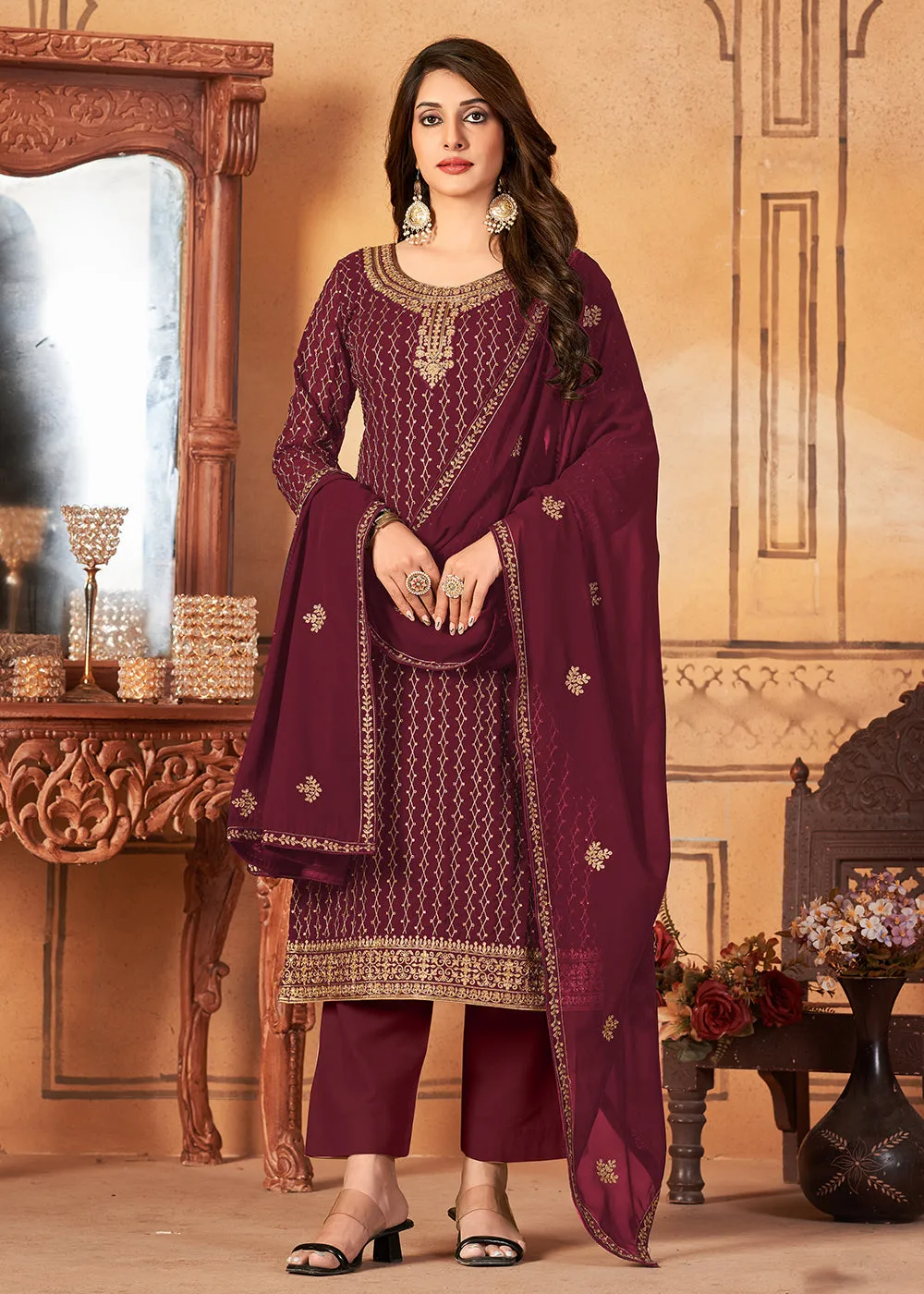 Traditional Dazzling Maroon Embroidered Festival Salwar Suit