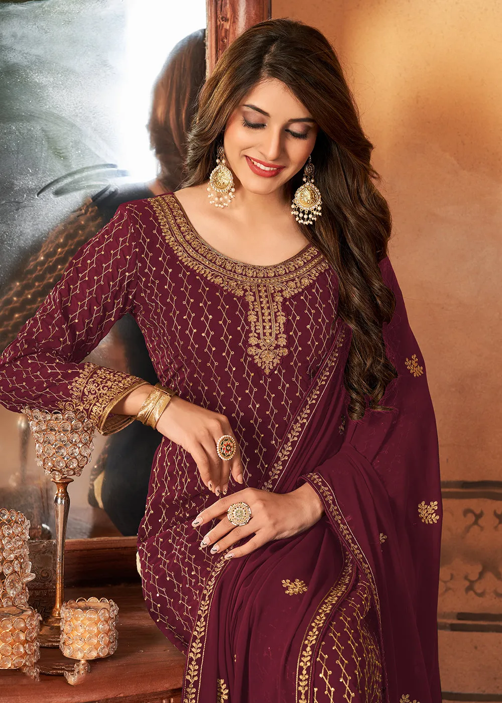 Traditional Dazzling Maroon Embroidered Festival Salwar Suit