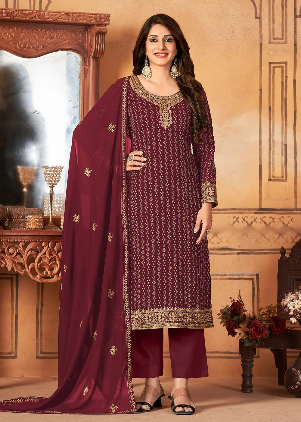 Traditional Dazzling Maroon Embroidered Festival Salwar Suit