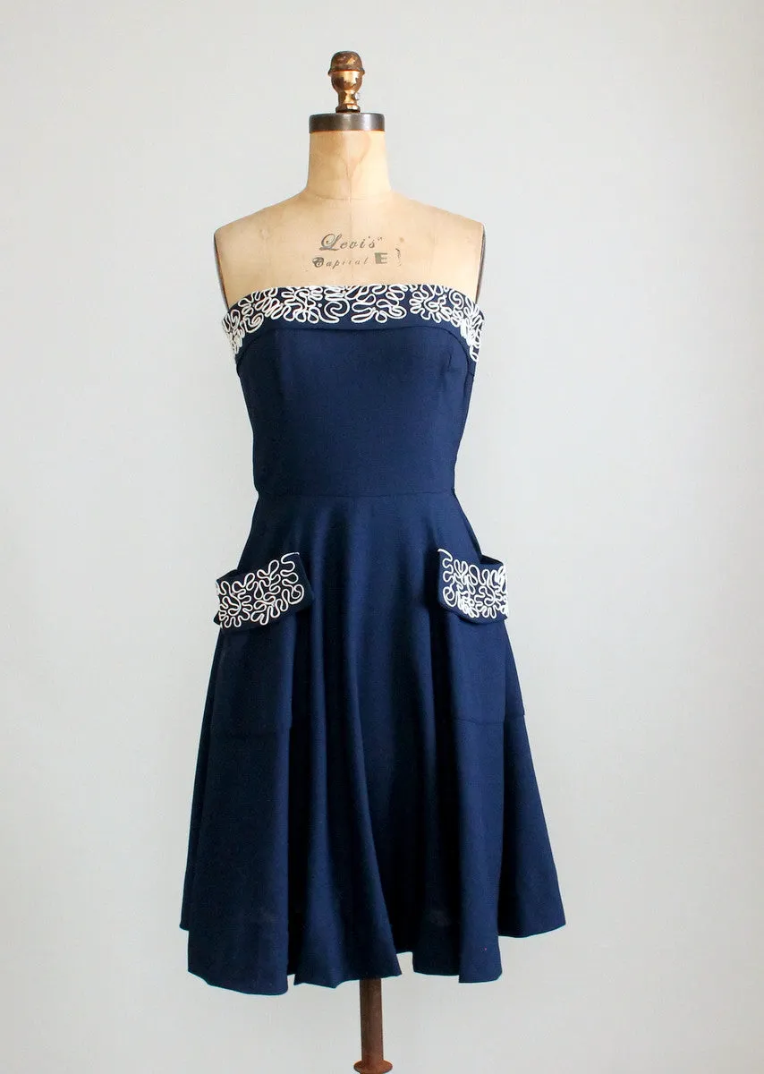 Vintage 1950s Navy Sundress with Soutache and Rhinestones