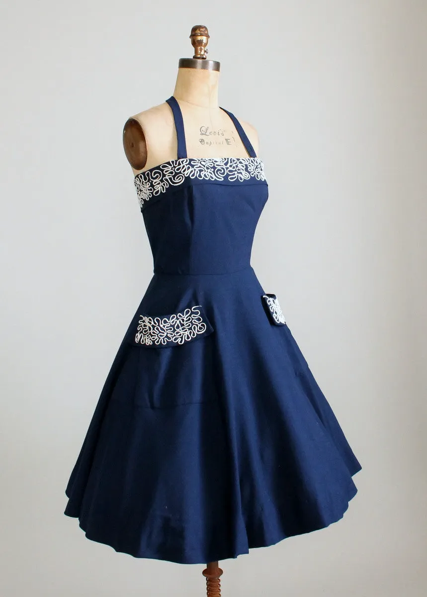 Vintage 1950s Navy Sundress with Soutache and Rhinestones