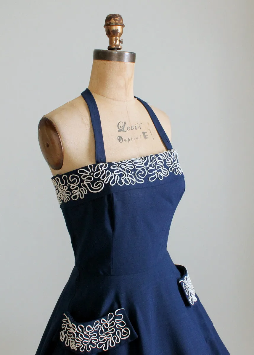 Vintage 1950s Navy Sundress with Soutache and Rhinestones