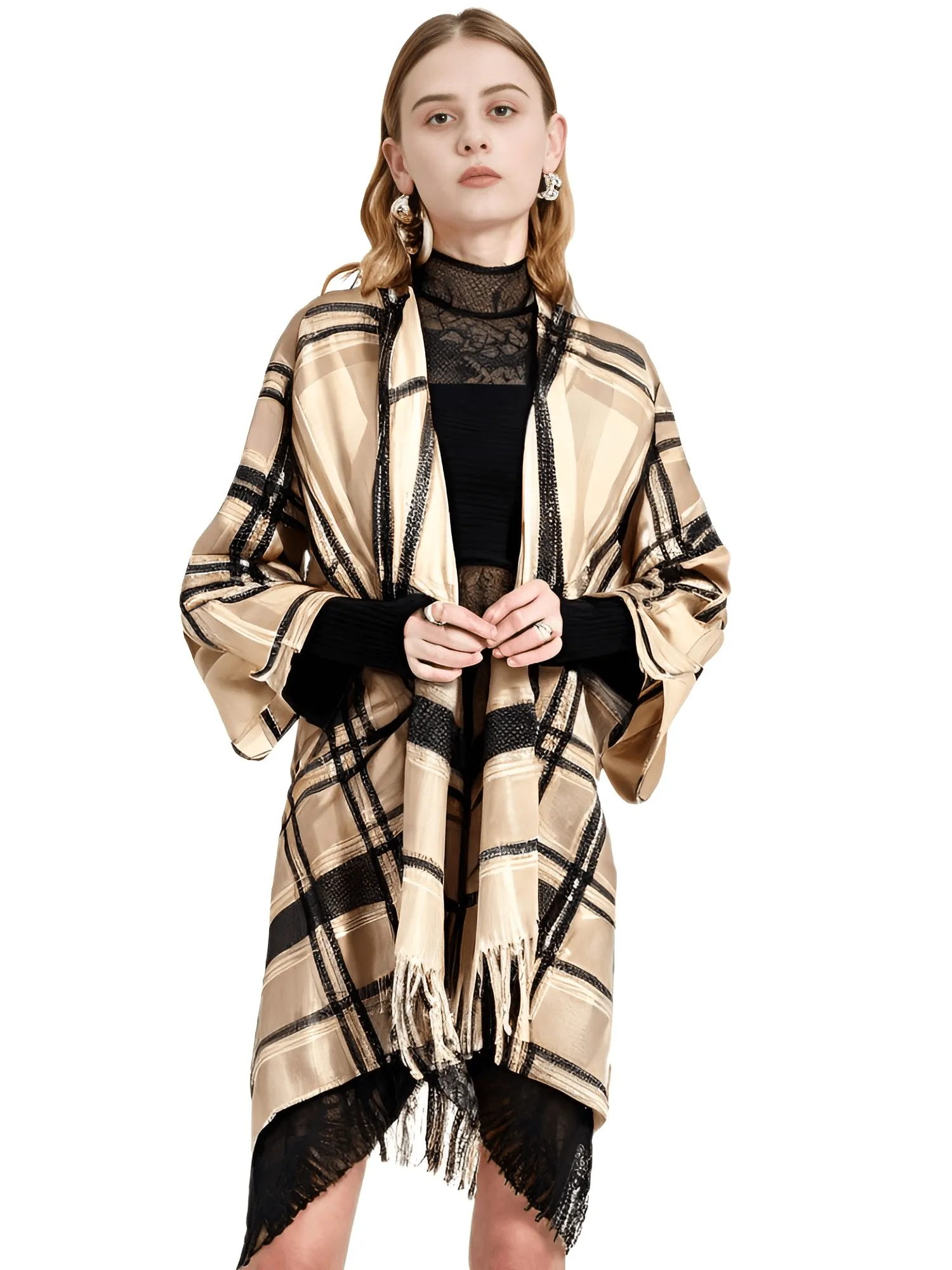 Women's Cashmere Feeling Shawl Lady Classic Plaid Cape Spring Autumn Retro Cardigan Winter Cloak with Tassels Soft Large