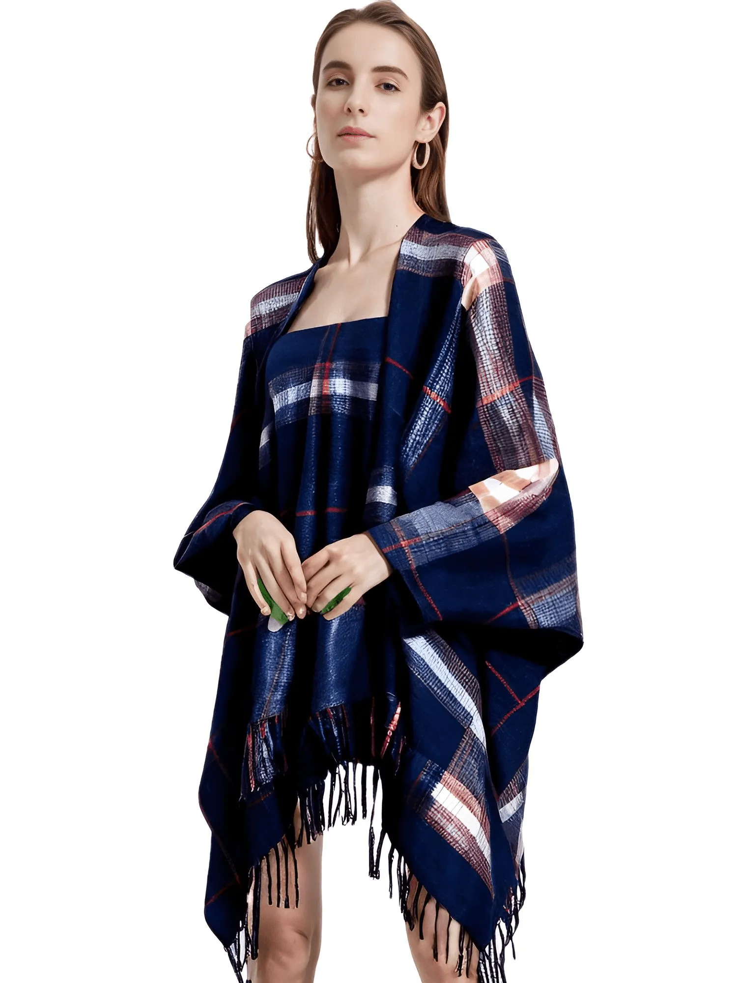 Women's Cashmere Feeling Shawl Lady Classic Plaid Cape Spring Autumn Retro Cardigan Winter Cloak with Tassels Soft Large