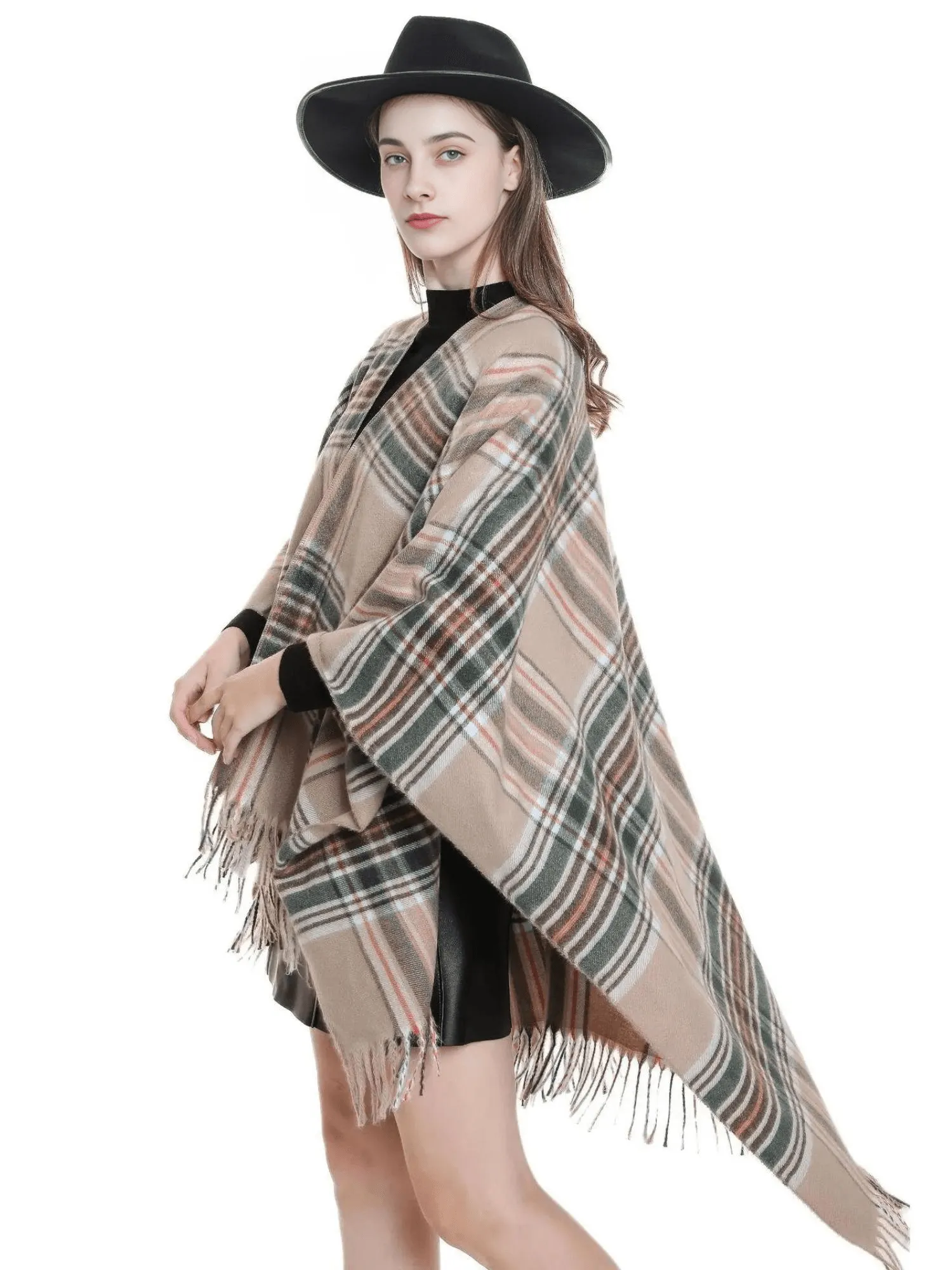 Women's Cashmere Feeling Shawl Lady Classic Plaid Cape Spring Autumn Retro Cardigan Winter Cloak with Tassels Soft Large