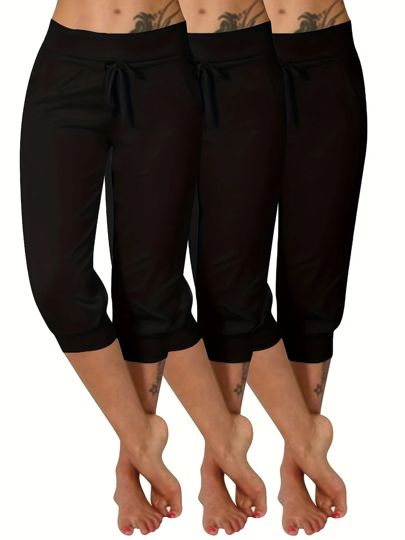 Women's Plus Size 3 Piece Set: Sexy Solid Color Sports Yoga Capri Pants with Drawstring.