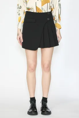 Wool Black Pleated Wrap Mini Skirt