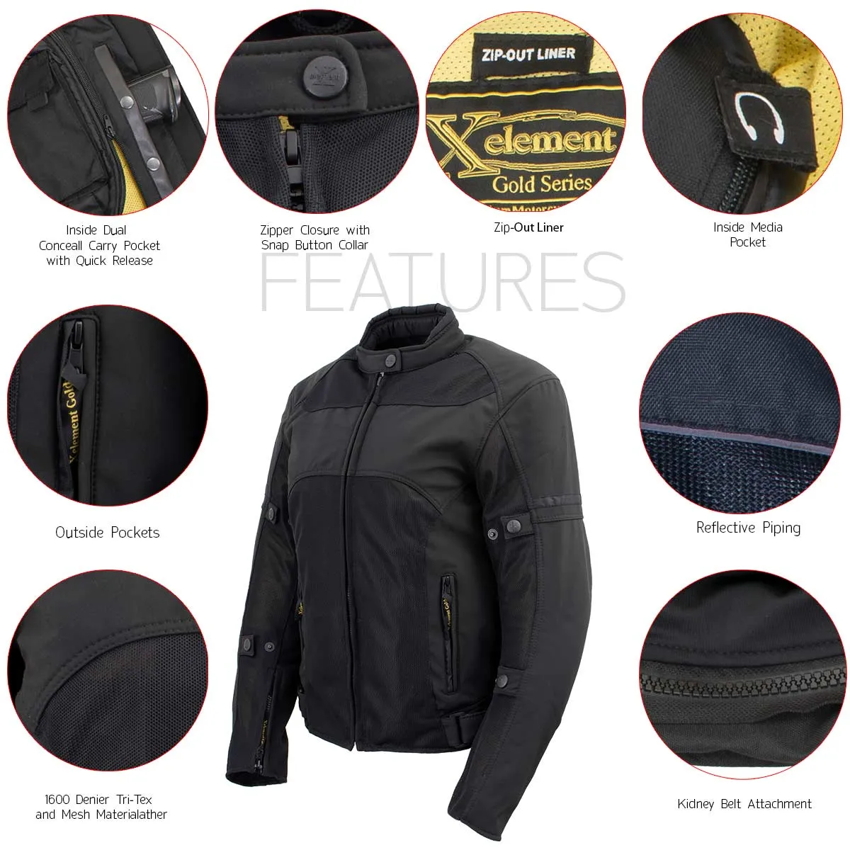 Xelement 'Gold Series' XS22005 Women's Black 'Cool Racer' Textile and Soft-Shell Scooter Biker Jacket with X-Armor